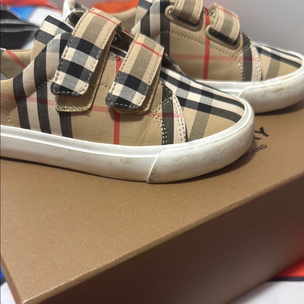 Burberry Tan and Black Slip-On Sneakers with Plaid Design